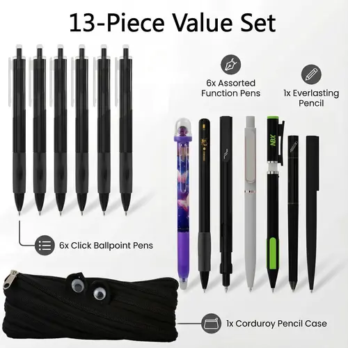 Rarler 13PCS Smart Pen Set with Monster Pencil Case - 8 Unique Styles (Twist, Everlasting, Grip, Click, Retractable, Agile, Erasable Gel, 6x0.5mm Ballpoint) - Back to School Supplies for Students,sohochic