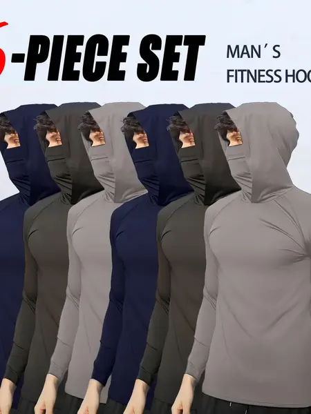 OKP 6-Piece Men's Casual Hoodie Pullovers Blue Black Light Gray Slim Fit Long Sleeve Lightweight UPF Sun Protection Soft Breathable Timeless Classic Versatile Machine Washable Comfort Multi-Occasion Wear Menswear Set  Stylish Tops