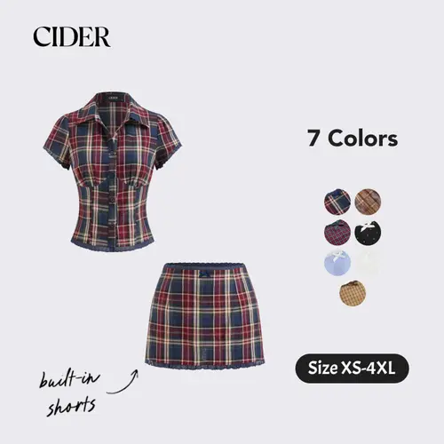 Cider Cotton Plaid Collar Short Sleeve Blouse & Mid Rise Lace Trim Bowknot Mini Skirt Set SohoChic