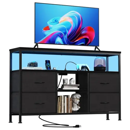 TV Stand Dresser for Bedroom 4 Drawers Entertainment Center with LED Lights and Power Outlets Media Console for 50 Inch TV Living Room Furniture with Open Shelf Adjustable Feet