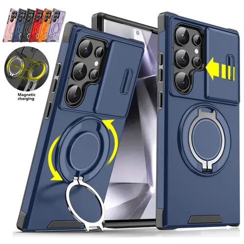 OREKROY For Samsung Galaxy S26 Ultra Plus S25/S24/S23/S22/S21 Ultra,Shockproof Magnetic Case with Slide Camera Lens Protector & Rotating Ring Holder Black TPU+PC Armor Casing