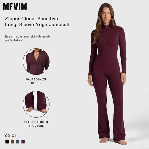 Women's Solid Stretch Fabric Athletic Jumpsuit - Long Sleeve Half-Zip Mock Neck, Skinny Fit with Flared Pants, Yoga Fitness Activewear Finds, Sportswear Outfits,sohochic
