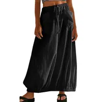 Chouyatou Women's Loose Cotton Basic Lady's Bottom Skirt - Comfortable Casual, Drawstring, Pockets, Elastic Cord Hem, Minimalist Design,back to school shopping, Women's Clothes