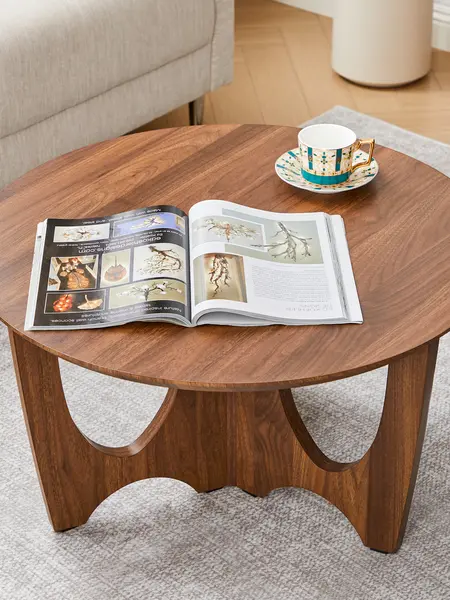 FurSch 27.5" Round Mid Century Coffee Table, Small Space Walnut Accent Center Table with Curved Base for Living Room Coffee Table Set