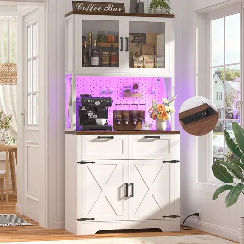 Cyclysio 71" Adjustable Freestanding Coffee Station Cabinet - Indoor Tall Functional Pullout Cupboard for Small Kitchen Organization, Microwave Stand, 4-Door Shelves, Wine Rack, LED Light, Power Outlet