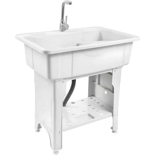 Utility Sink Laundry Tub, Freestanding Utility Sink,With Hot and Cold Faucet, Valves Drain Pipe, Heavy Duty Slop Sinks For Washing Room, Basement, Garage or Shop, Large Free Standing Wash (White),sohochic
