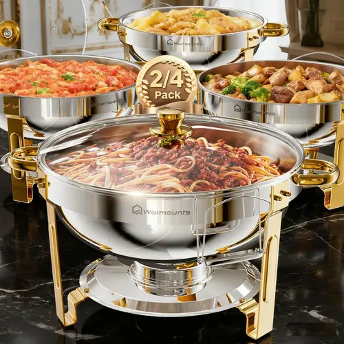 [sohochic] WARMOUNTS 5QT Gold Chafing Dishes for Buffet with Glass Liad , Round Chafers and Buffet Warmers Set with Mirror-Polished Stainless Steel, Rolled Rim, Stackable, Lid Holder for Parties, Weddings (2/4/6 Pack）