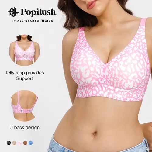 Popilush Cooling Bra Seamless Wireless Leopard Print Jelly Bra - Adjustable strapless V-neck one-piece molded cup bra, comfortable and supportive Minimalist Fit Womenswear
