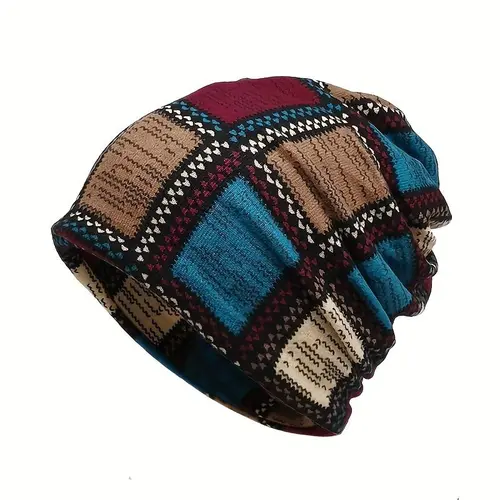 Unisex Vintage Printed Knit Beanie & Windproof Neck Gaiter Set - Autumn Winter Block Colors Knitted Cap, Elastic Unisex Style Fit Gaiter Wrap, Slouchy Fashion Cold Weather Accessory