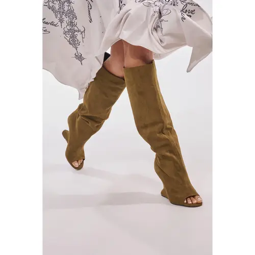 AZALEA WANG VINCENT OLIVE FAUX SUEDE OPEN TOE WEDGE BOOT
