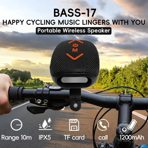 Bass-17 Wireless Portable Convenience Cycling Bluetooth Speaker - 7W Stereo Deep Bass, 1200mAh 10H Playback, IPX5 Waterproof, Hands-Free Calls, Built for Motorcycles & Bikes, Portable All-in-1 Subwoofer Power Bluetooth Speaker, Speaker Bluetooth Portable