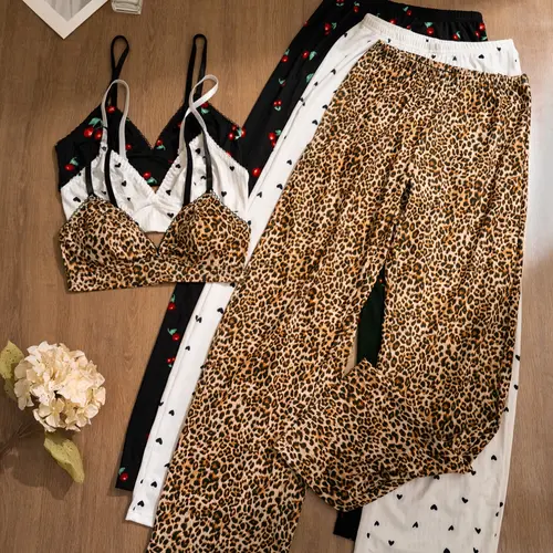 Women's Leopard Heart Cherry Print Comfortable Fitted Elegant Bralette Long Pants Underwear Lingerie Set, Casual Fashion Chic Set Underwear Sets for All Seasons Wear Clothing