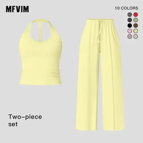 Workout Sets for Women, Casual 2 Piece Matching Set with Solid Halter Neck Top and Wide Leg Pants, Nylon Elastane Sweat Suit, Workout Sets Women,back to school,back to school haul,sohochic