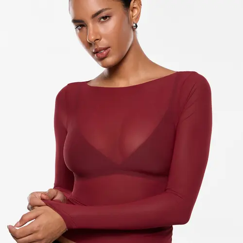 INLYRIC Women's Cosnufy Mesh Sheer Long Sleeve Tops See Through Boat Neck Going Out Tops Trendy Sexy Shirts