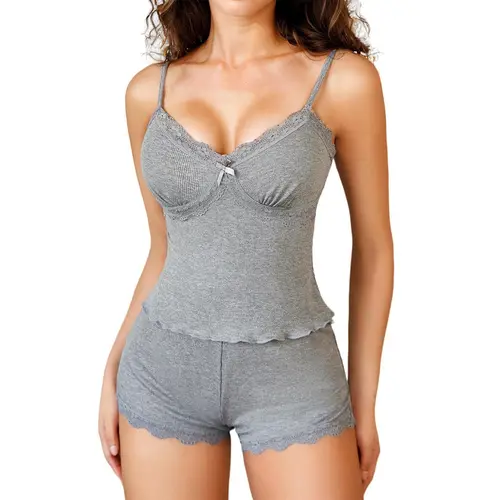Avidlove Women Cami Pajama Set  Sleepwear V Neck Lace Trim Short PJ Set Side Slit Nightwear S-XXL Breathable Strap