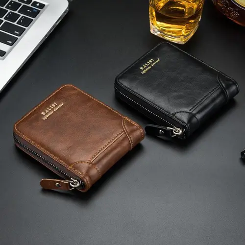 2025 New Minimalist Men’s PU Leather Bifold Short Wallet - Foldable Retro Zipper Purse with Multiple Compartments, Coin Pocket, Cash Compartment, Compact, Less Bulk, Business Card Storage, Card Handling, Unique Gifts for Man, Summer Everyday Money Bag, Bi