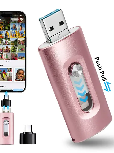 4-in-1 MFi Certified USB Flash Drive (128GB/64GB) - Portable OTG Memory Stick with Type-C Adapter, High-Speed Data Transfer for iPhone iOS (App Required), Android, PC - USB External Memory, Desk Tool, Gifts for Boyfriend, Tools and Gadgets, Usb Flash Driv
