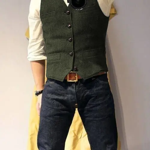 Men's Vintage V-Neck Tweed Vest, Herringbone Wool Retro Waistcoat, Suitable for Prom, Groomsmen, Ranch Get-Togethers and Formal Dinners