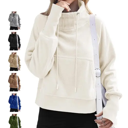 FISOEW Women's Long Full Sleeve Polyester Casual Fitted Sweatshirt - Chic Sherpa Fleece High Neck Pullover with Adjustable Drawstring, Pockets, Thumbholes, Quality Fabric for Everyday Comfort & Layering Tops
