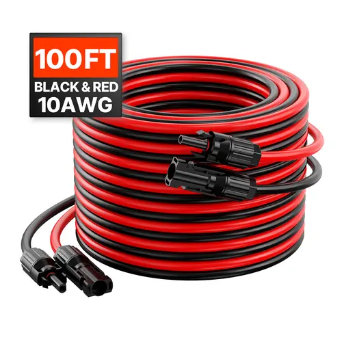 【toolupgrade】VEVOR 2-Piece Solar Panel Extension Cable Set (100FT Black + 100FT Red), 10AWG/6mm² Tinned Copper PV Cable, Waterproof Connectors, Power Transmission, Easy Installation, Plug & Play, Outdoor Safe for Home, RV