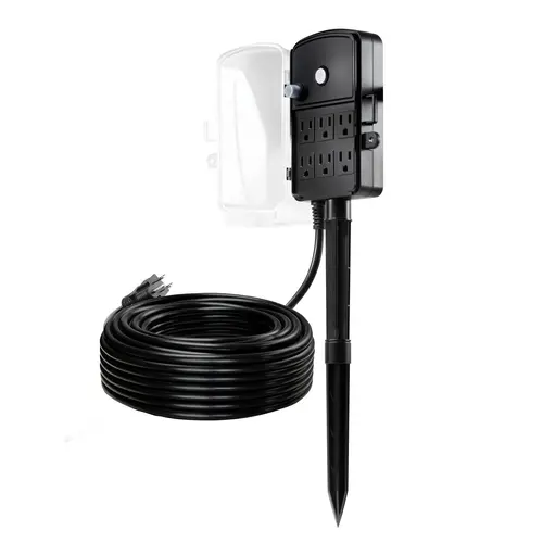 VEVOR Outdoor Weatherproof Power Stake Accessory, 100 Ft 14AWG Grounded Extension Cable, 6-Outlet Strip Splitter with Waterproof Cover, 13A/1625W Overload Protection, Mount-Compatible for Holiday Lights (Large Reach),toolupgrade