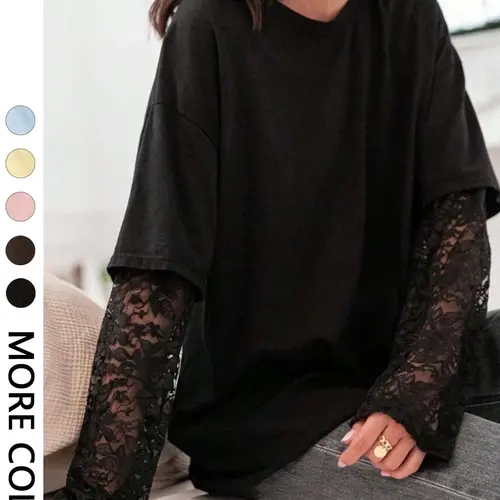 Women's Casual Basic Lace Patchwork Oversized T-Shirt,  Solid Long Sleeve Crew Neck Fake Two-Piece Design, Casual Fit Top, Lightweight Soft Stretchy & Vintage for Women Daily & Streetwear Music Festivals Everyday Wear Back to School Top Womenswear
