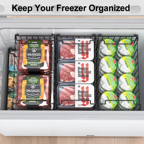 Msercuor Upgraded Foldable Stainless Steel Freezer Storage Organizer Bins (2/4/6/8 Packs) - Stackable Open-Frame Heavy-Duty Anti-Rust Baskets for 5/7 Cu.FT Deep Freezers, Kitchen, Storage Organization, Lift-to-Grab Access, Airflow-Friendly