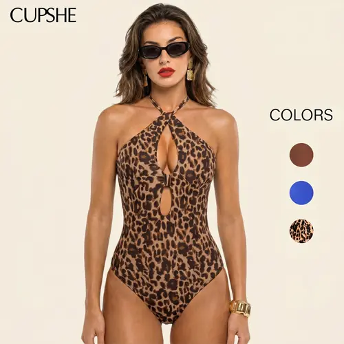 CUPSHE Women's Bold Animal Print 1 Piece Swimsuit, High Neck Halter, Body Sculpting, Soft Cups, Empire Waist Swim Bodysuit for Summer, Swimwear Monokini, Summerfinds#SohoChic