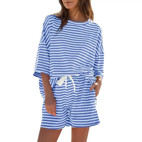 Fisoew Women's Striped 2-Piece Loungewear Set - 3/4 Sleeve Matching Outfits, Casual Sleepwear Sweatsuits #summerwins, 2 Piece Sets