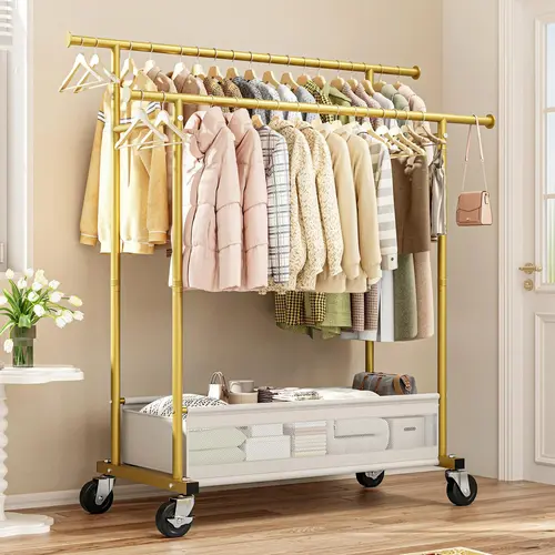 Raybee Double Hanging Rod Clothes Rack with Net Pockets, 3 in 1 Metal Clothing Rack with Wheels, Portable Rolling Garment Rack, Closet Rack for Bedroom, Apartment, Laundry Room, Bantique, Gold, Black, White
