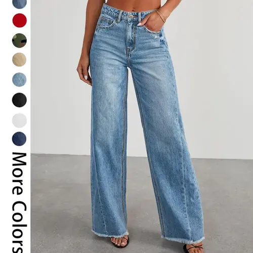 USBoutique Chic  Women's Fashionable Cute Wide Leg Jeans Flowy High Waisted Strechy Raw Hem Zimbaplatinum Denim Pants(2 or 3 for fs)