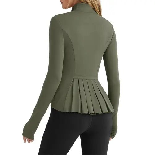 Fisoew Sports  2026 Summer Spring Women's Zippered Sports Jacket, Pleated Lightweight Slim Fit  Stand Collar with Thumbhole Pockets, Workout Running Clothes