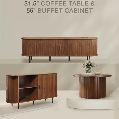 【SohoChic】onbrill Fluted Collection Oak TV Console Table - Mid-Century Modern TV Stand with Sliding Doors, Charging Station, Buffet Cabinet for Living Room Furniture, Decor for Living Room