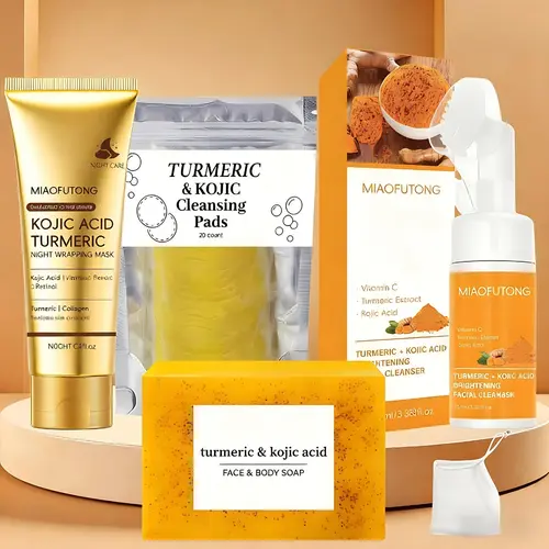 Nourishing Turmeric 4-Piece Skin Care Set - Cleanser Discovery Set with Night Mask, Soap, Cleansing Mousse & Tablets, Complete Face Care Products Kit, Skin Care Sets