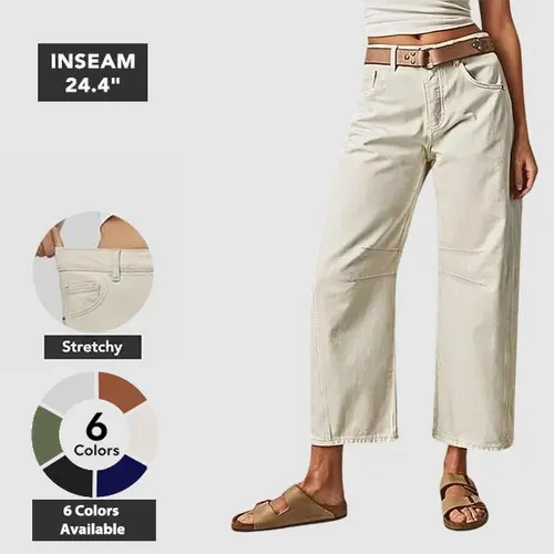 Flamingals Solid Stitch Detail Mid Waist Crop Baby Barrel Pants Without Belt Casual