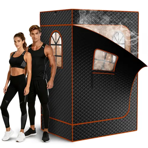 Lilypelle 2-Person Portable Steam Sauna Box for Home & Apartments, Extra Large 5-Layer Insulated Full Body Unit with 2×1200W Steamers, 9 Temperature Levels, 2 Folding Chairs, Remote Control, Floor Mat, Ambient Lighting, Window-Added Open Design, Windows A