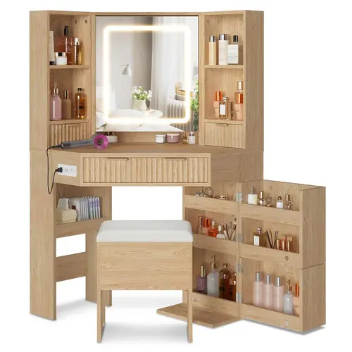 SIKAIC Corner Vanity Desk, Contemporary Dressing Table with LED-Integrated Mirror, Charging Station, Drawer-Style Makeup Vanities & Compartmentalized Mirror Cabinets for Modern Bedrooms