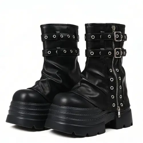 AOSPHIRAYLIAN Women's Gothic Punk Ankle Boots - Casual Alternative Style, Y2000 Chunky Low Heel, Slouchy Platform, Faux Leather, Motorcycle Buckle, Zipper, Eyelets, Plain, Fall Full Season Walking Footwear for Alt Girls sohochic