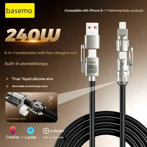 Basemo 240W 4-in-1 Fast Charging Cable with Scent, Compatible with iPhone 17 Pro/16 Pro Max/15 and Samsung S25 Ultra - Black, Lightning Connector, Camping Essential Portable Fast Charger