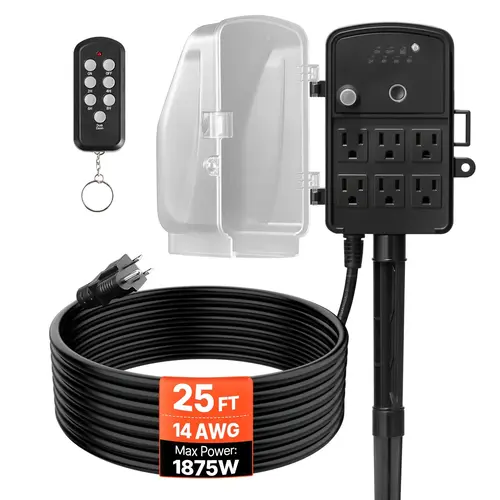 【toolupgrade】VEVOR Outdoor Power Stake Accessory, 25FT Extension Cord, Waterproof Cover, Remote Control, Dusk-to-Dawn Timer, 6 Multiple Outlets, 1875W/15A Plug, for Christmas Lights, Garden Lights, Devices