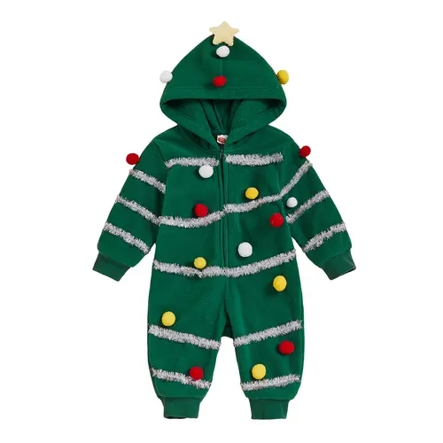 Kid Christmas Tree Jumpsuit Colorful Plush Ball Long Sleeve Zip-up Hooded Romper Cute Winter Fall Clothes