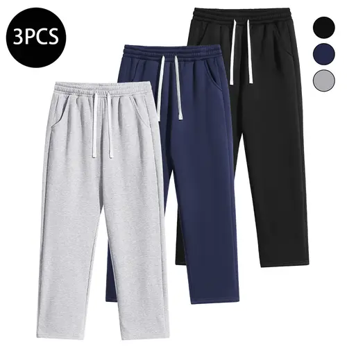 Men's 3PCS Regular Fit Solid Color Casual Athletic Joggers - Drawstring Waistband, Pocket Design, Warm Polyester, Autumn Winter, Mens Clothing, Easy Men's Pants, Grey Sweat Pants, Essential Sweatpants, Streetwear Clothing,sohochic