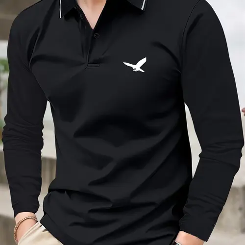 Men’s Lightweight Spring-Autumn Loose-Fitting Stretch Normal Type Golf Style Long-Sleeve Buttoned Bird Pattern Polo Shirt - Gift for Boyfriend/Papa, Ideal for Casual Wear, Golf
