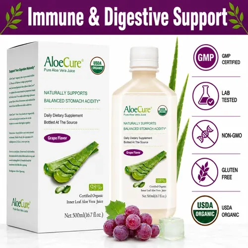 AloeCure USDA Organic Aloe Vera Juice Grape Flavor, Made Within 12 Hours of Harvest - Naturally Support Balanced Stomach Acidity, Digestive & Immune Health - 500ml Bottle Healthcare