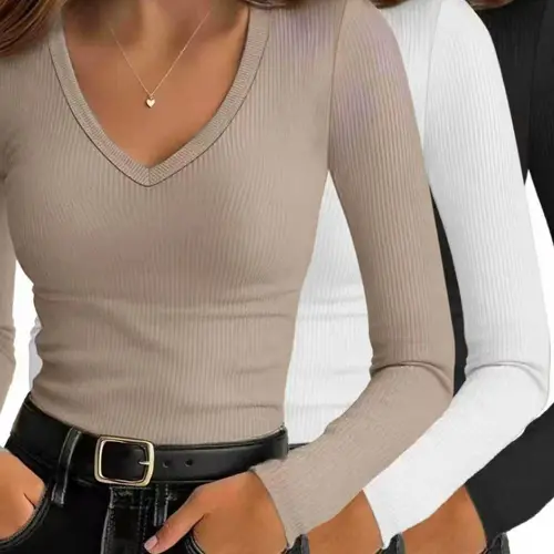 Women's Plain Minimalist Long Sleeve T-Shirt, V Neck Fitted Casual Basic Top, Ideal for Fall Winter Layering, Daily Wear Comfortable Clothing