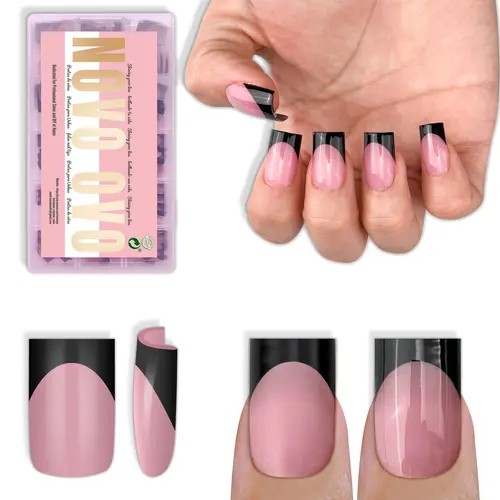 NOVO OVO Short Sharp Square Black French Tip Nail Tips Press on BERRY PINK, Extra Thick NEED Nail Glue Builder Gel Top Coat, Soft Gel Full Cover Fake Flase Nail Extension for DIY x 15 Sizes 240 pcs【NO GLUE TOP COAT AND LAMP INCLUDED】,sohochic