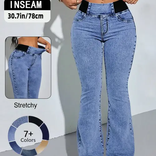 GILIPUR Y2K Women's Back Shirred Jeans,Streetwear,Mid-To-High Waist Elastic Waist Flared Jeans,With Pockets,Light Blue Washing Process,Bell-Bottoms Wide-Leg Jeans,Waist-Cinching Design,Yes Denim,Bootcut Jeans,Streetwear Denim Pants