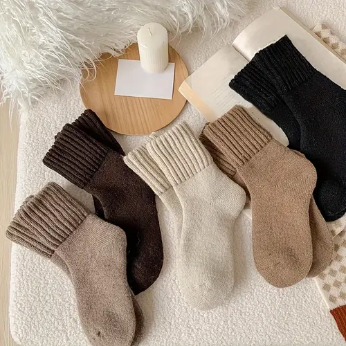 Women's 5-Pair Extra Thick Fleece Lined Comfortable Mid-Calf Socks, Basic Preppy Solid Color Everyday Socks for Autumn & Winter Cold Weather, Hand/Machine Washable Cozy Must-Haves