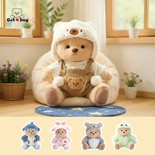 Getahug 12-in Medium Teddybear Stuffed Animal - Plushie with Interchangeable Outfits (Hat, Blue Shark, Pink Dinosaur, Elephant, Heart-Shape Sweater) - Ideal Gf Gift, Gifts for Girlfriend