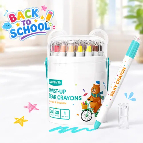 JUPITEARTH 48-Color Bear-Shaped Ultra-Silky Crayons for Toddlers, Easy-Grip Washable Twistable Crayons with Smooth Oil Pastel Texture, Kids Art & Craft Supplies for Fine Motor Skills and Back to School Shopping